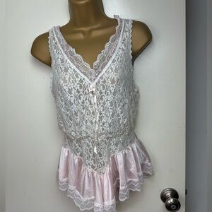 Tosca Vintage Soft Pink White Delicate Lace 100%Nylon Ruffle Lingerie Teddy S-M?